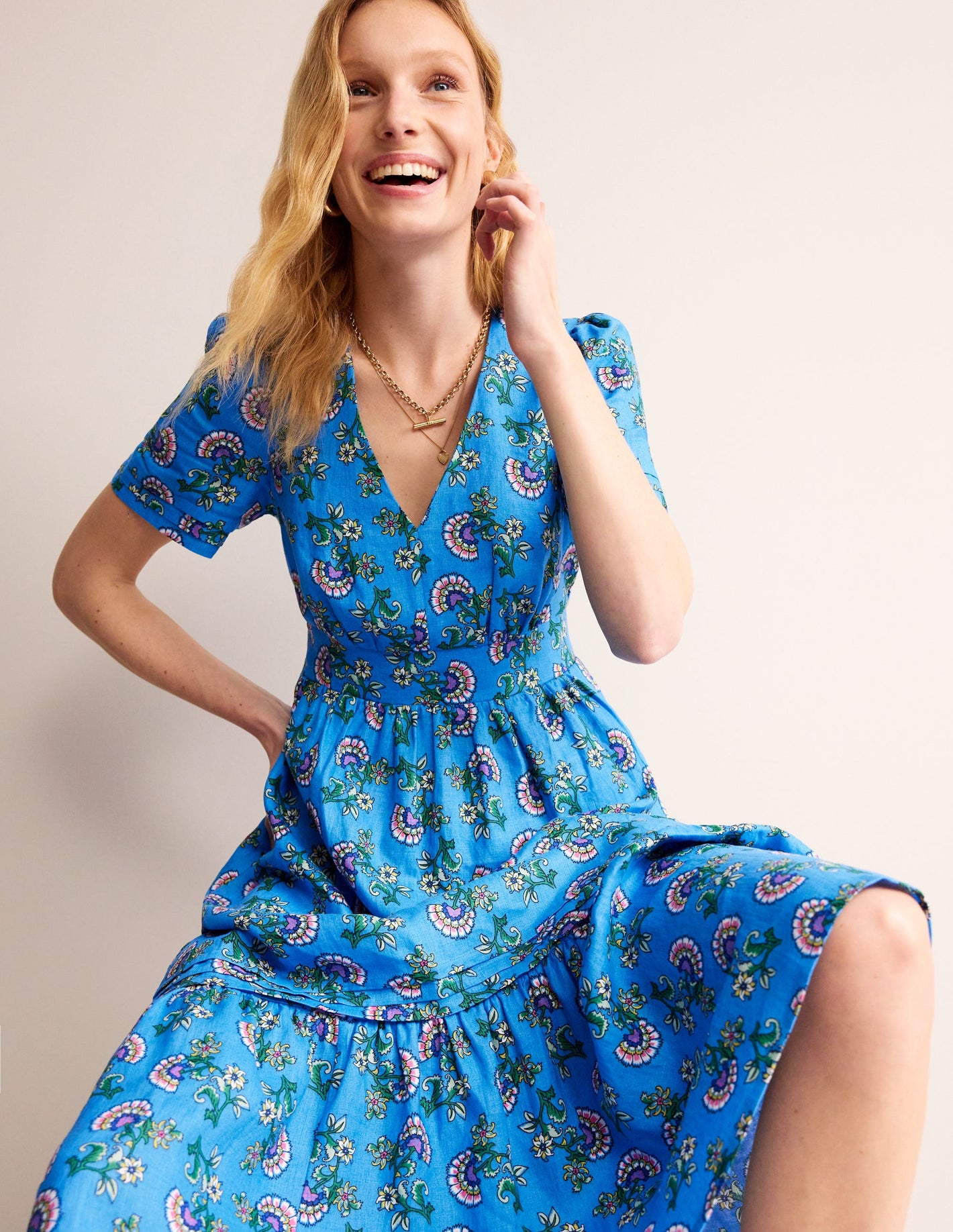 Eve Linen Midi Dress-Blue, Botanical Bunch