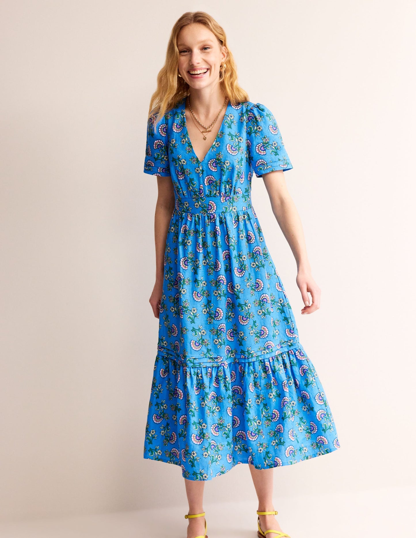 Eve Linen Midi Dress-Blue, Botanical Bunch