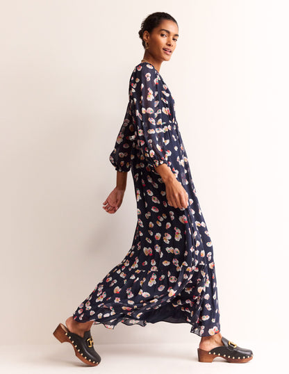 V Neck Puff Maxi Dress-French Navy, Botanical Petal