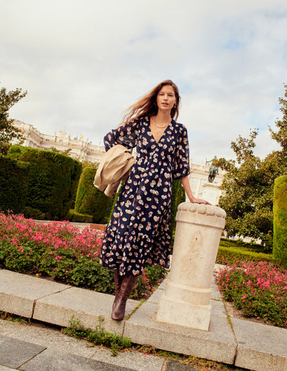 V Neck Puff Maxi Dress-French Navy, Botanical Petal