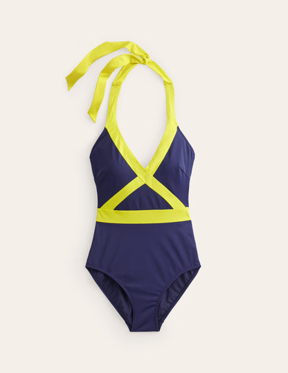 Kefalonia Halterneck Swimsuit-Navy/ Citrus Colourblock