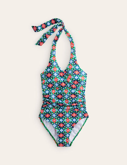 Levanzo Halter Swimsuit-Green Tambourine, Coastal Tile