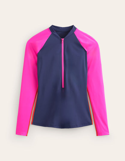 Piped Raglan Rash Guard-Navy/ Super Pink Colourblock