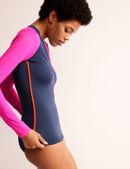 Piped Raglan Rash Guard-Navy/ Super Pink Colourblock