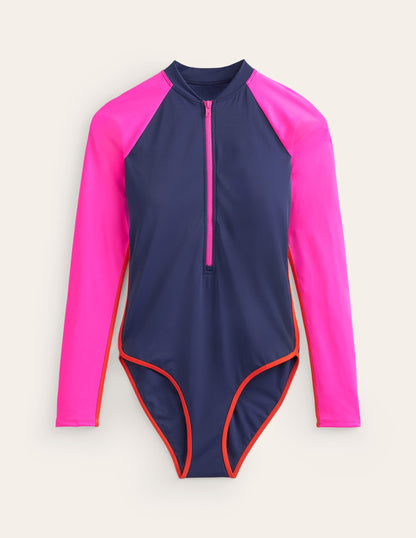 Piped Raglan Sleeve Swimsuit-Navy/ Super Pink Colourblock