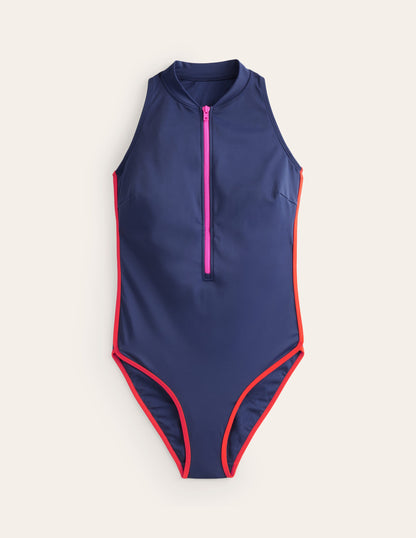 Piped Sporty Swimsuit-Navy/ Super Pink Colourblock