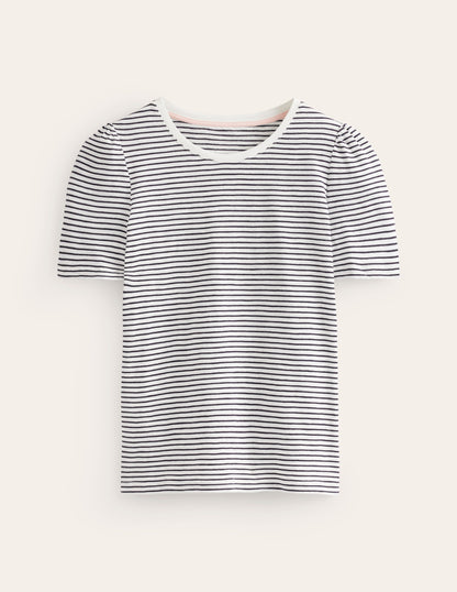 Cotton Puff Sleeve T-Shirt-Ivory, Navy Stripe