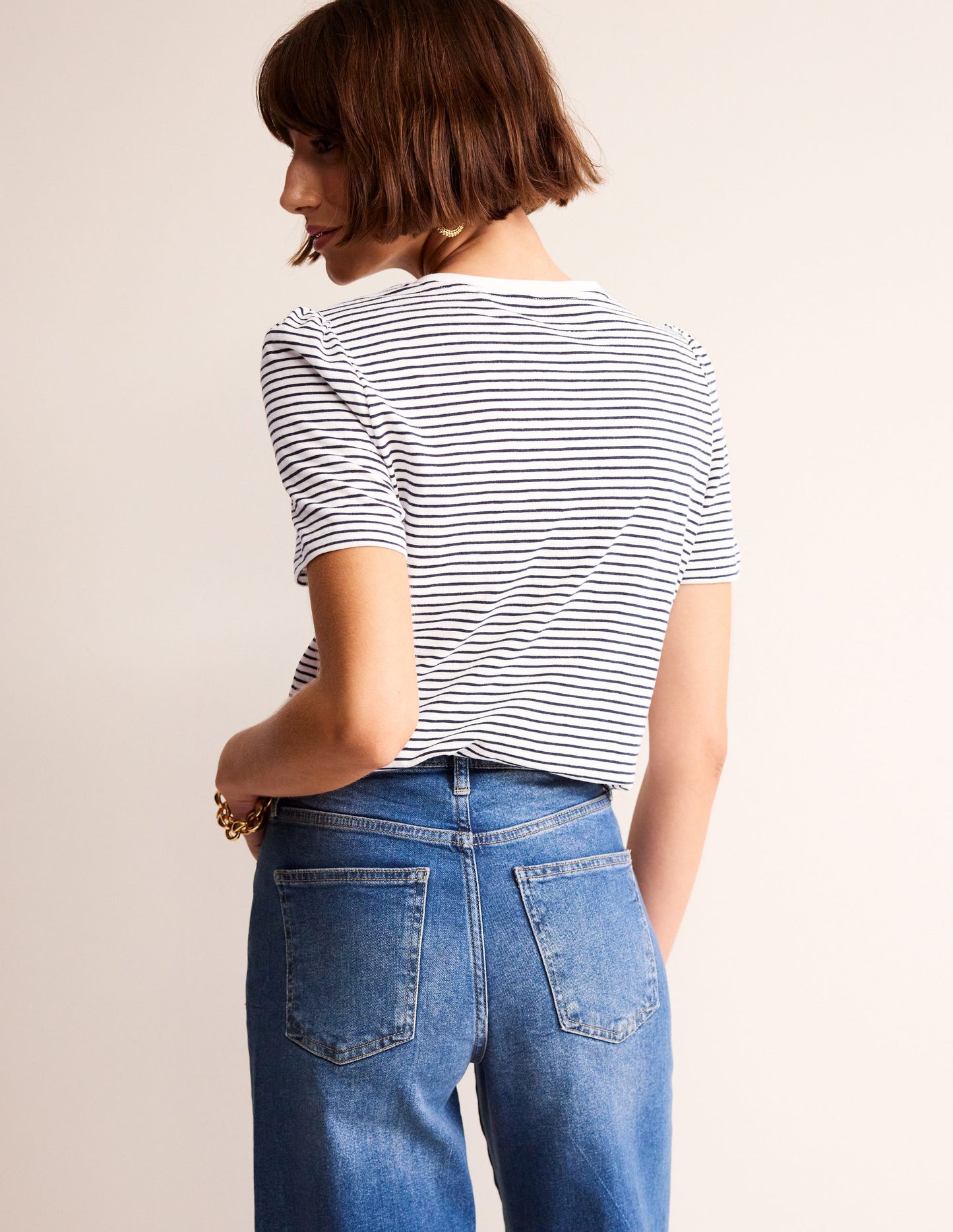 Cotton Puff Sleeve T-Shirt-Ivory, Navy Stripe