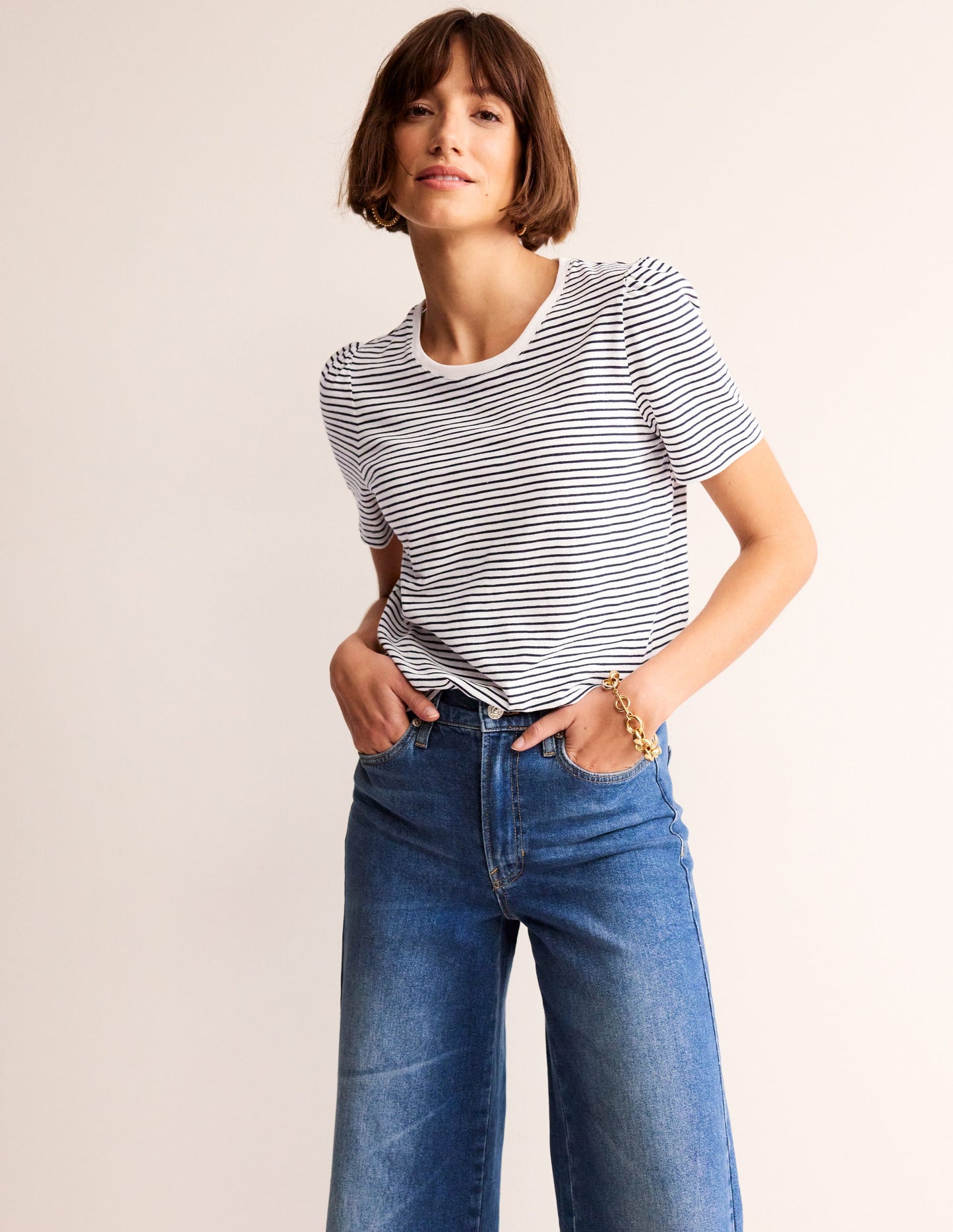 Cotton Puff Sleeve T-Shirt-Ivory, Navy Stripe