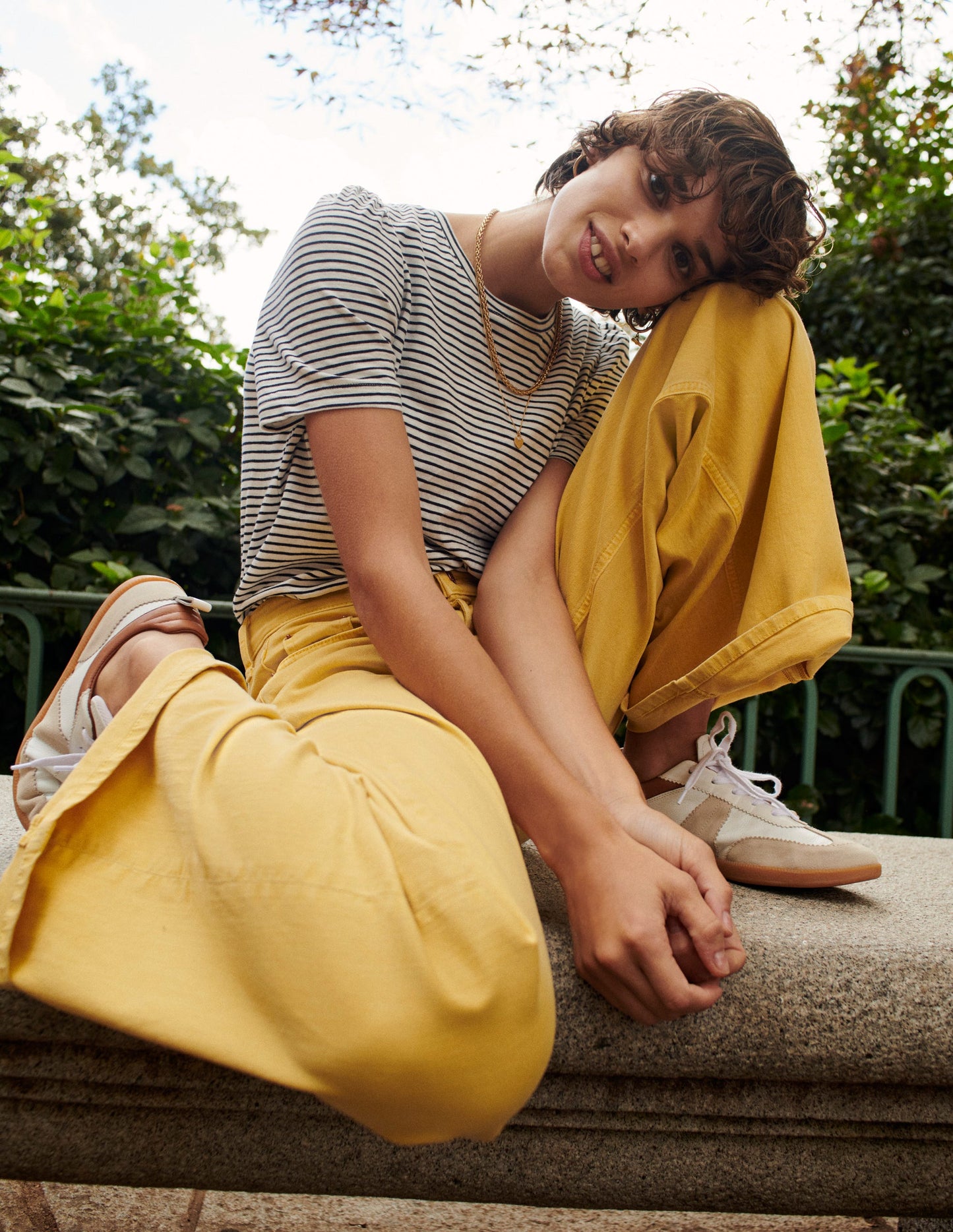 Cotton Puff Sleeve T-Shirt-Ivory, Navy Stripe