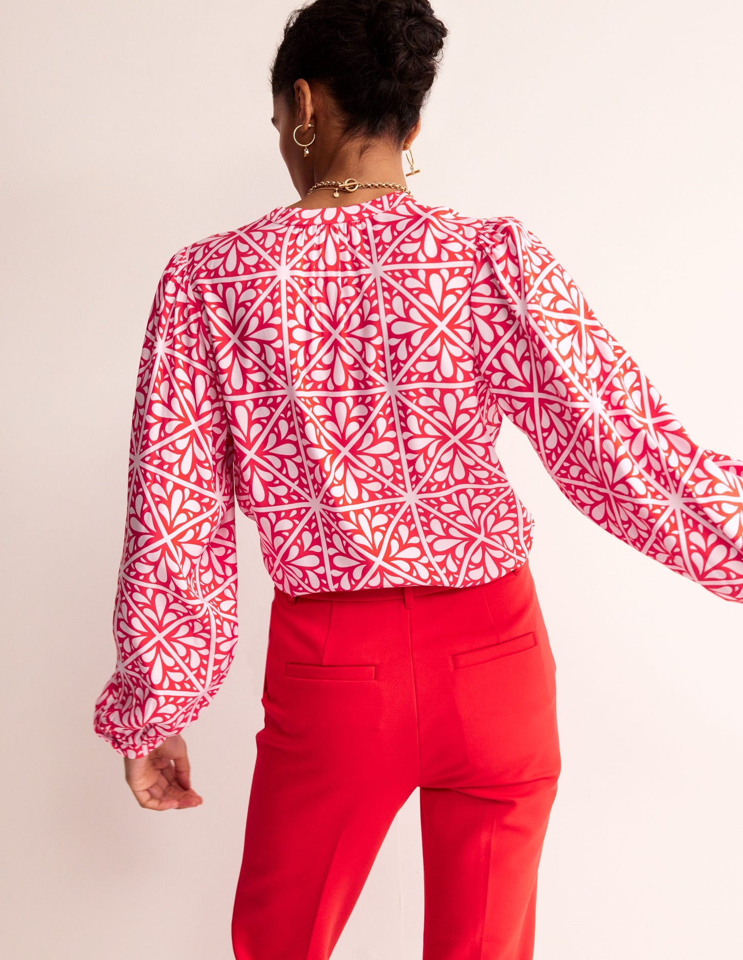 Blouson Sleeve Blouse-Flame Scarlet, Floral Mosaic