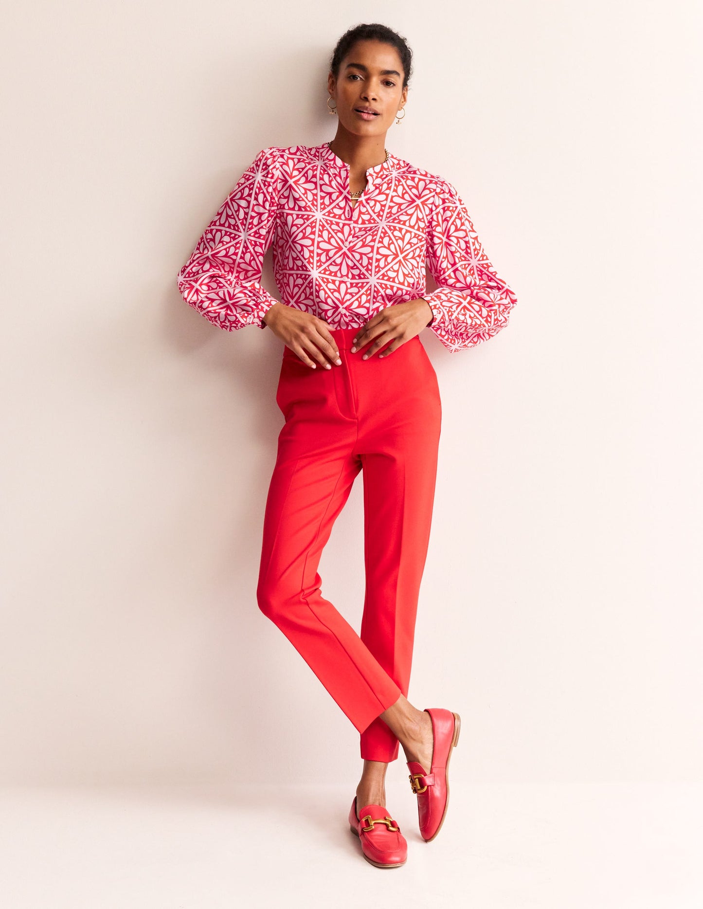 Blouson Sleeve Blouse-Flame Scarlet, Floral Mosaic