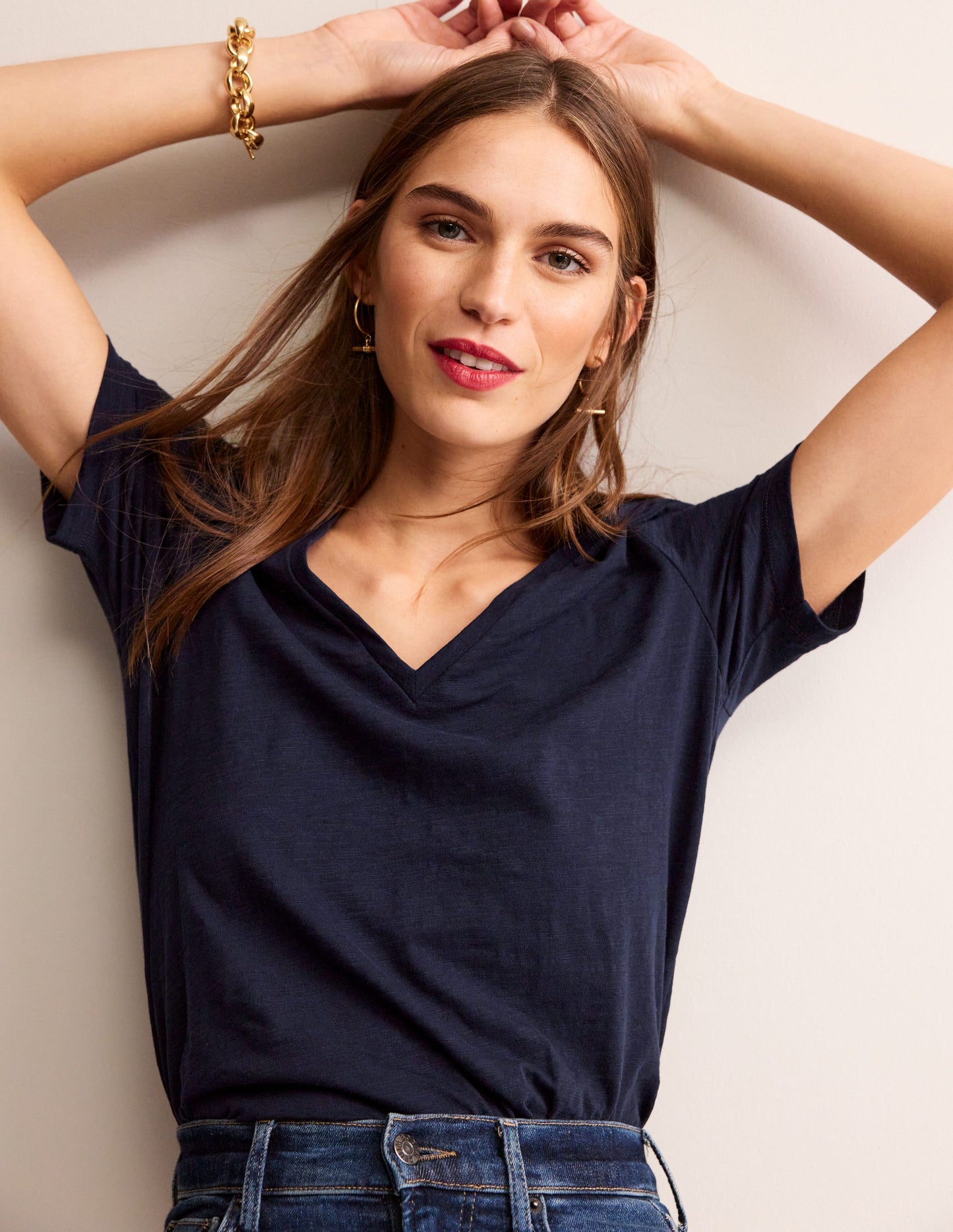 Regular V-Neck Slub T-shirt-Navy