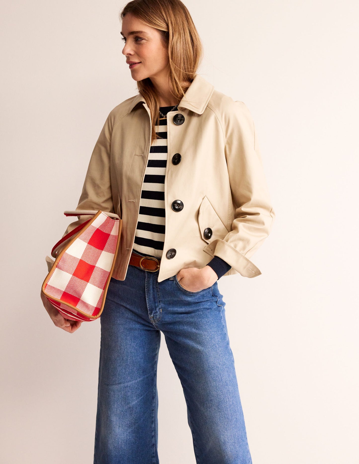 Cropped Trench Jacket-Neutral with Red Pop