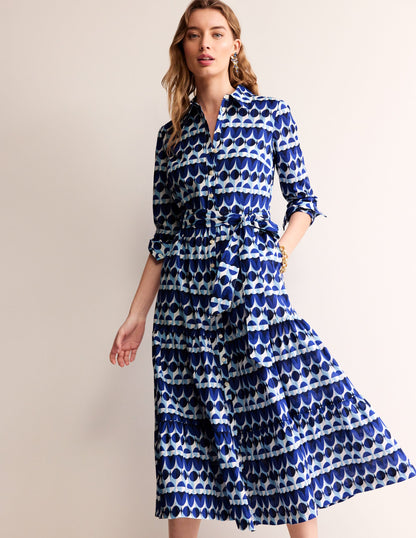 Flo Cotton Midi Shirt Dress-Blue, Abstract Illusion