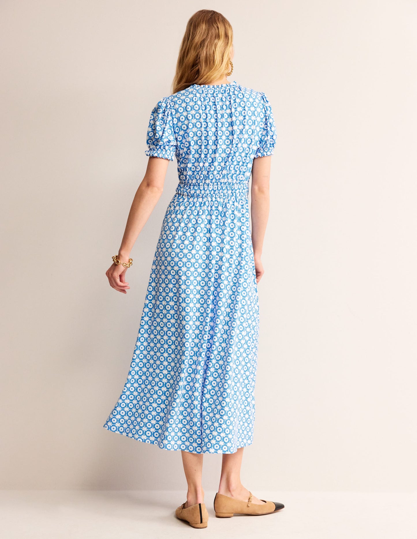 Rosanna Jersey Midi Tea Dress-Brilliant Blue, Blossom Tile