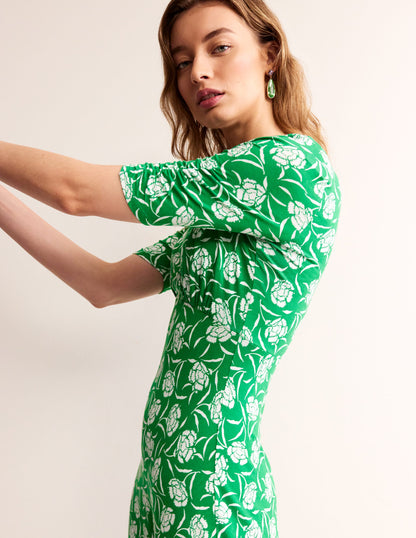 Rebecca Jersey Midi Tea Dress-Green Tambourine, Peony Sprig