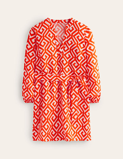 Cleo Tie Waist Linen Dress-Flame Scarlet, Maze