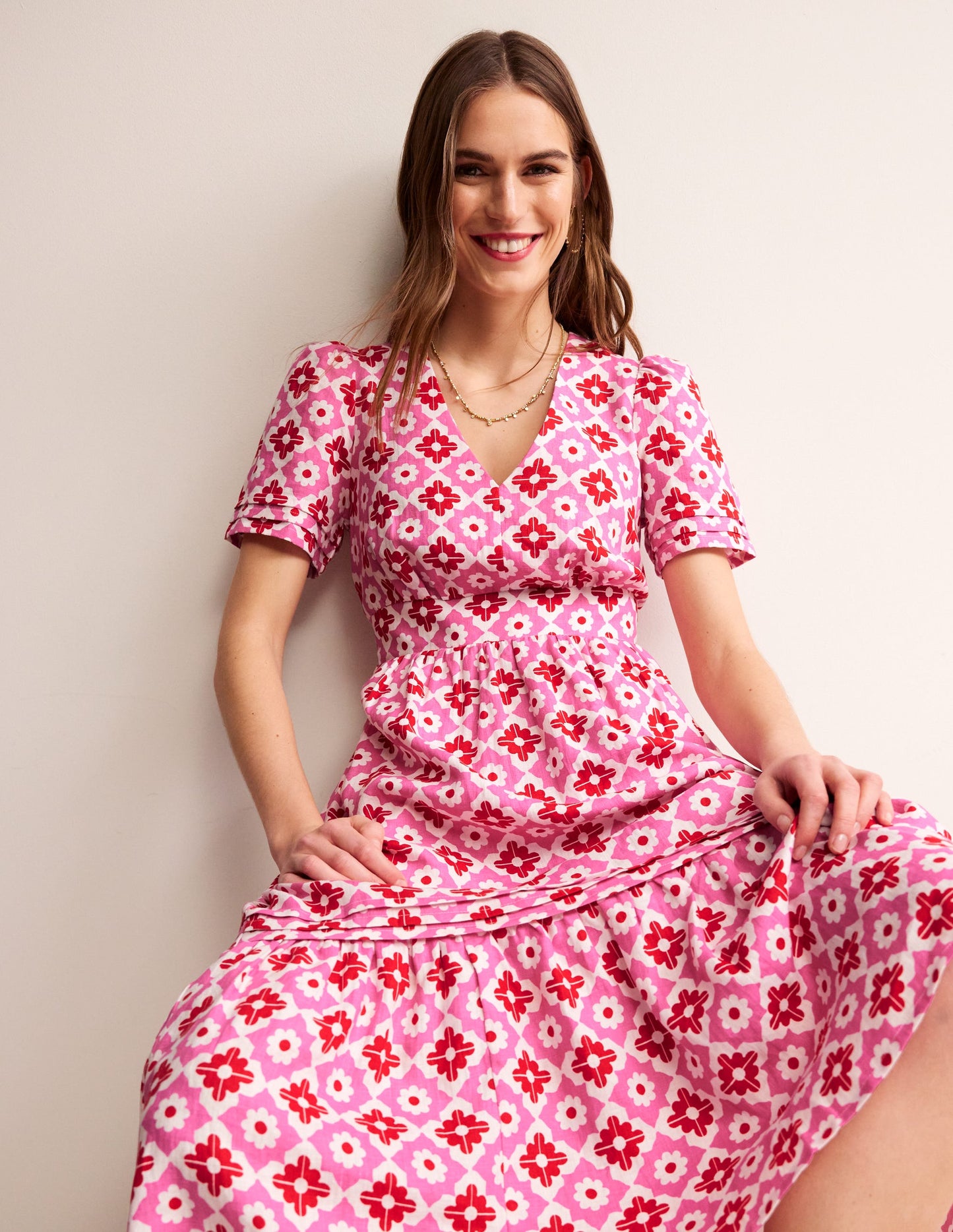 Eve Linen Midi Dress-Pink Power, Geometric Stamp