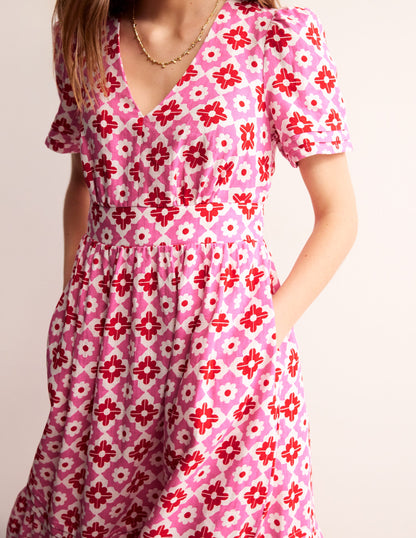 Eve Linen Midi Dress-Pink Power, Geometric Stamp