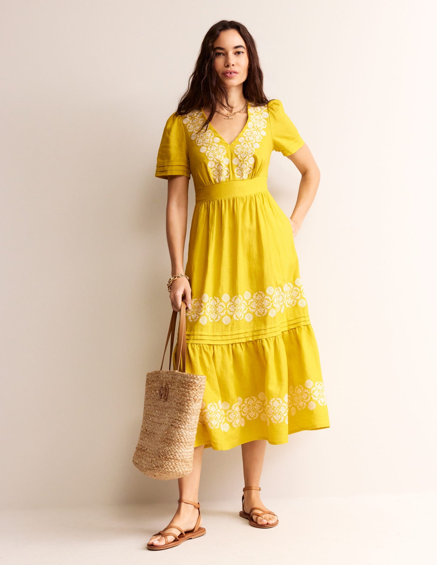 Eve Linen Midi Dress-Passion Fruit Embroidered