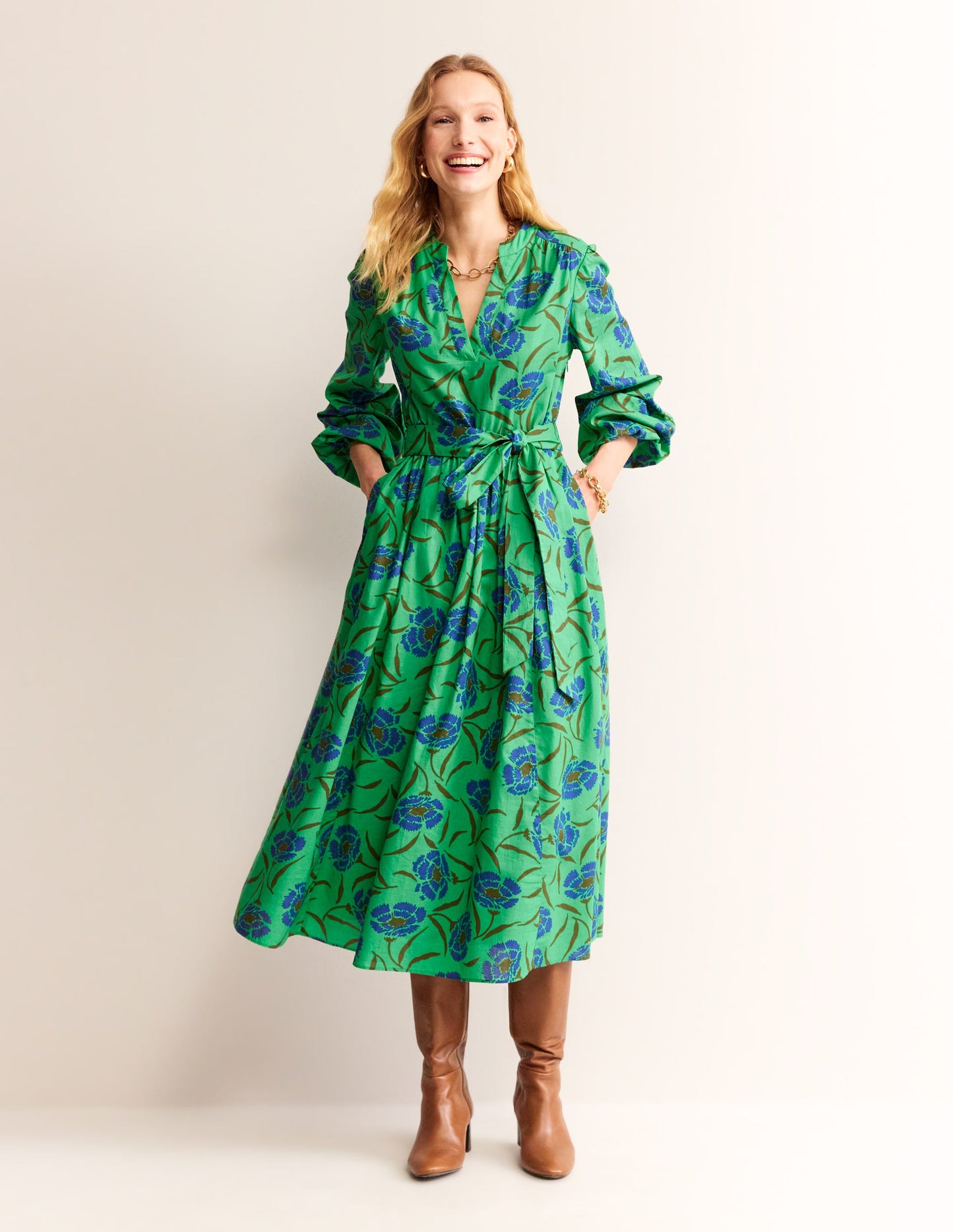 Jen Cotton Midi Dress-Ming Green, Peony Sprig