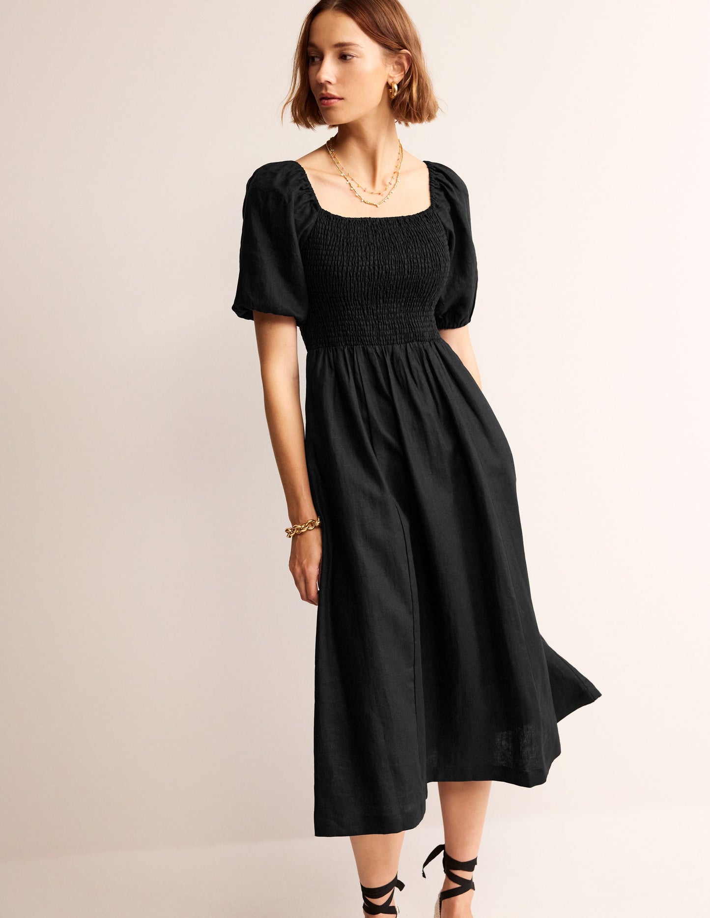 Sky Smocked Linen Midi Dress-Black