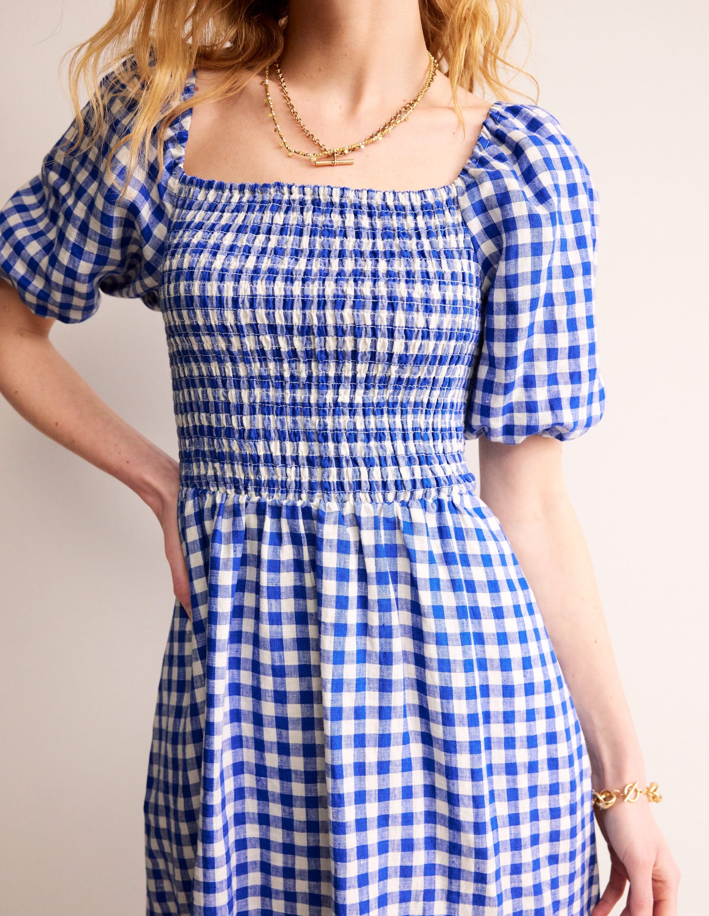 Sky Smocked Linen Midi Dress-Blue Gingham