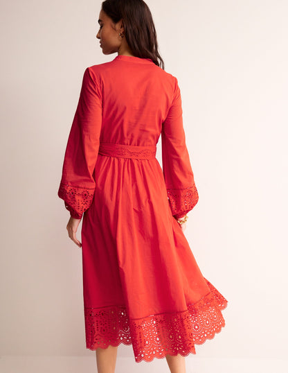 Jen Broderie Cotton Midi Dress-Vermillion Red