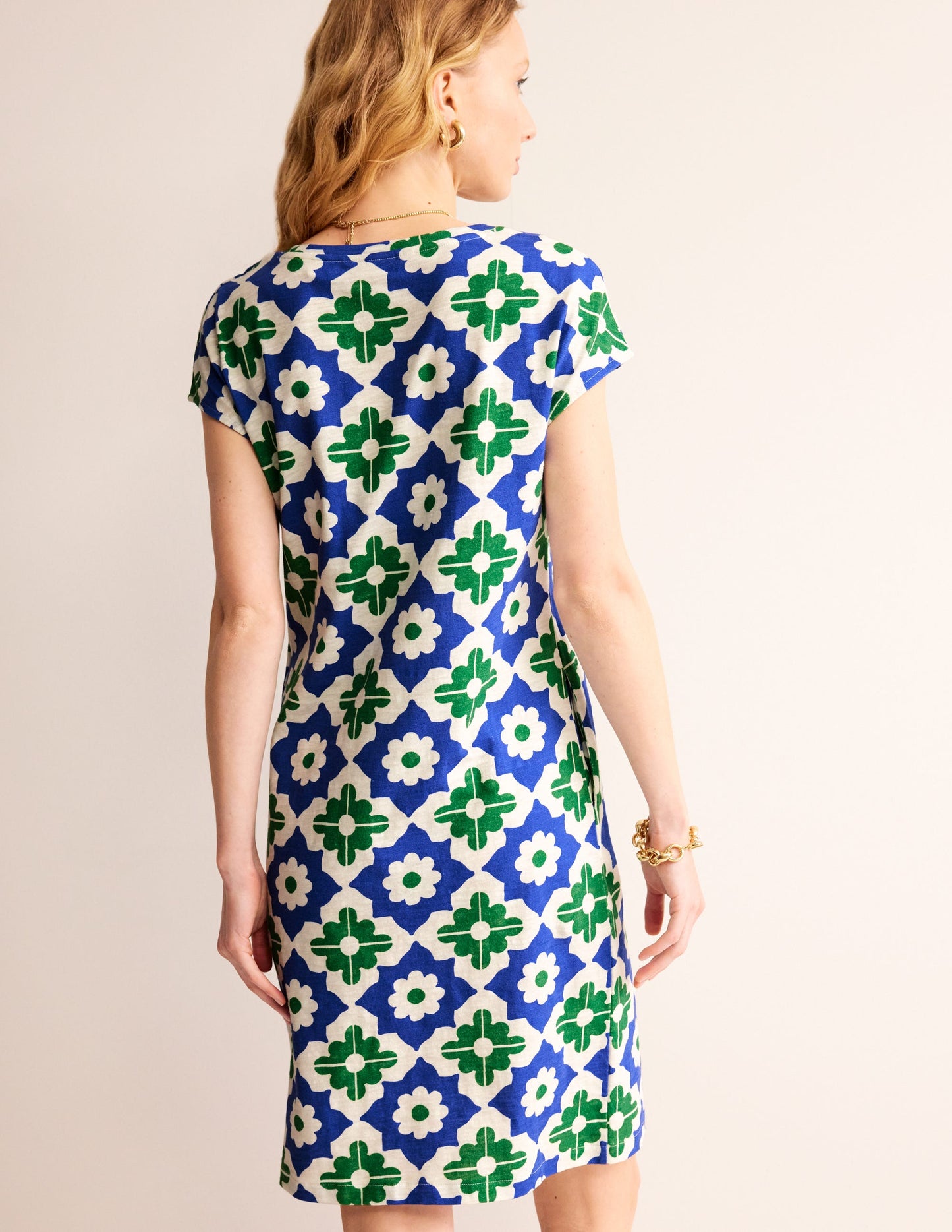 Leah Jersey T-shirt Dress-Green, Geometric Stamp