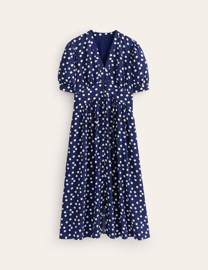 Elsa Midi Tea Dress-Navy Spot