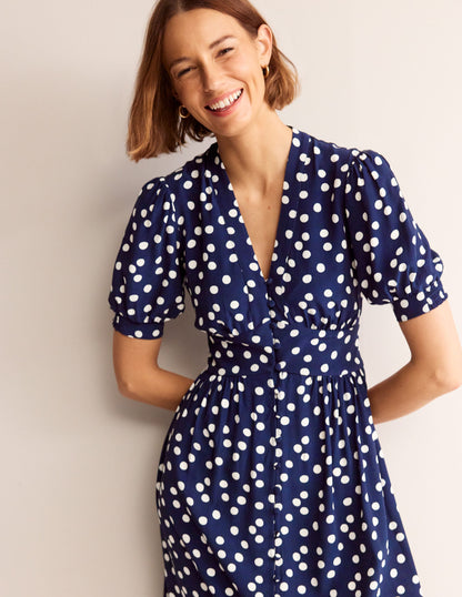 Elsa Midi Tea Dress-Navy Spot