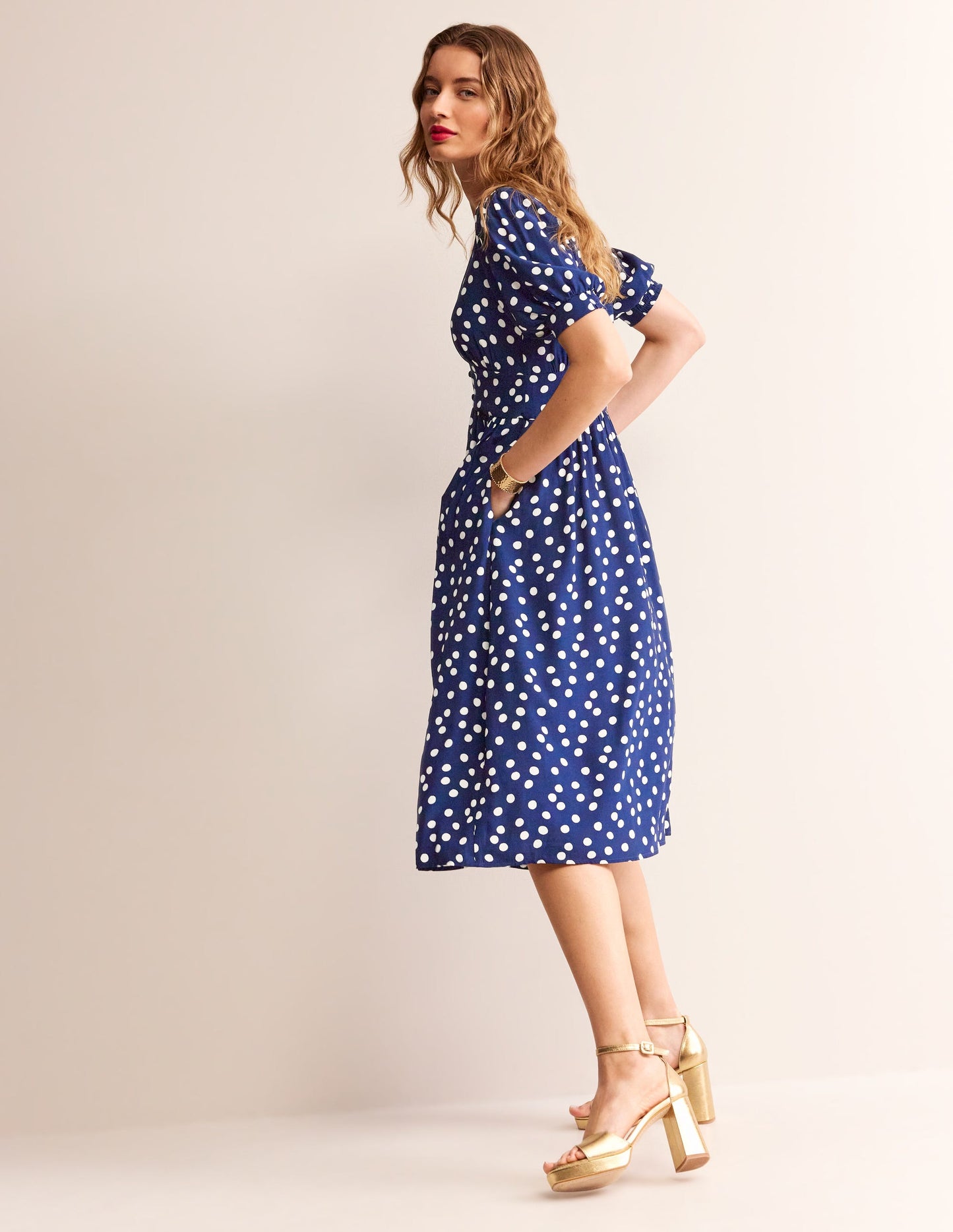 Elsa Midi Tea Dress-Navy Spot