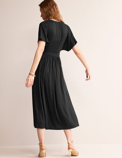 Kimono Wrap Jersey Midi Dress-Black