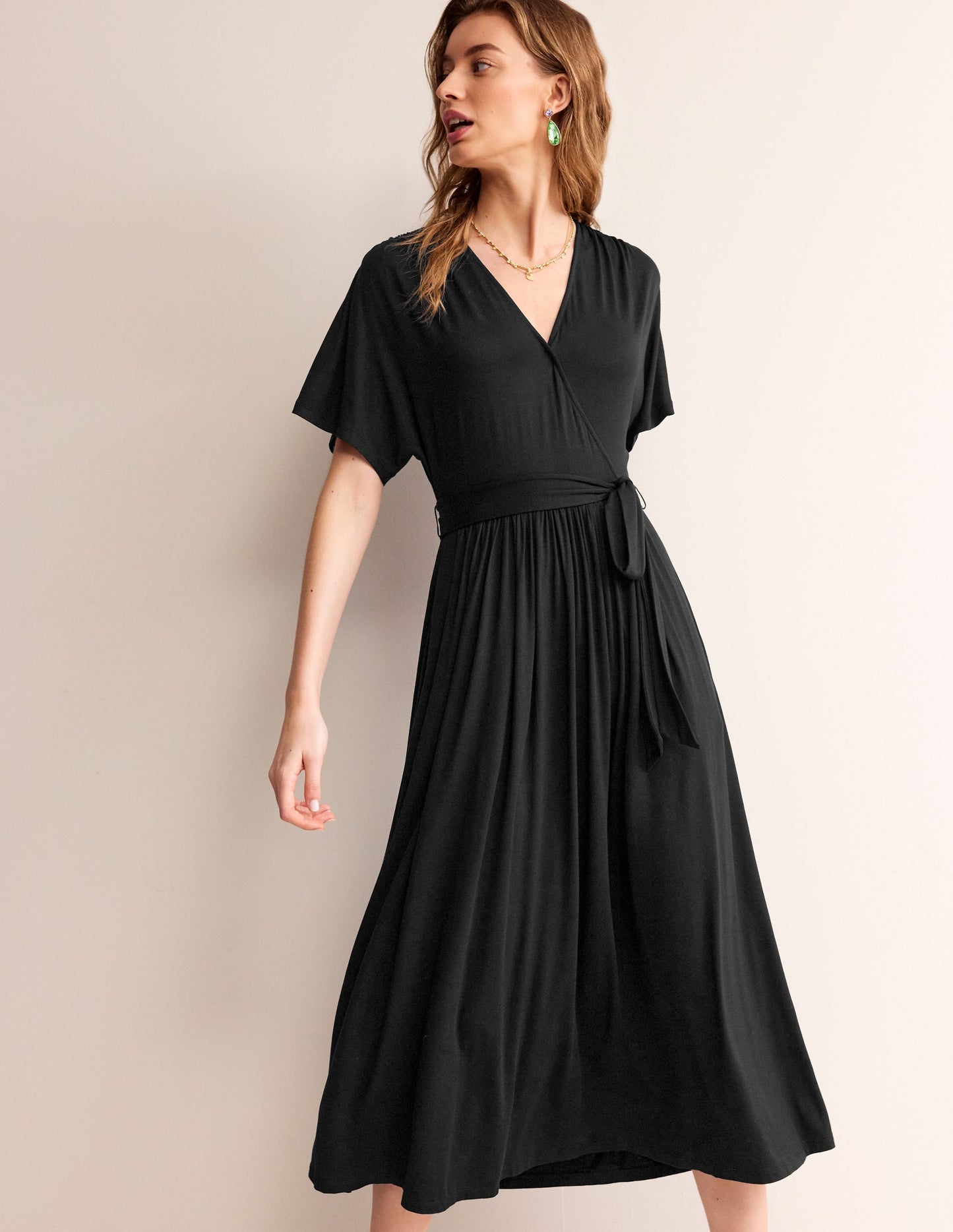 Kimono Wrap Jersey Midi Dress-Black