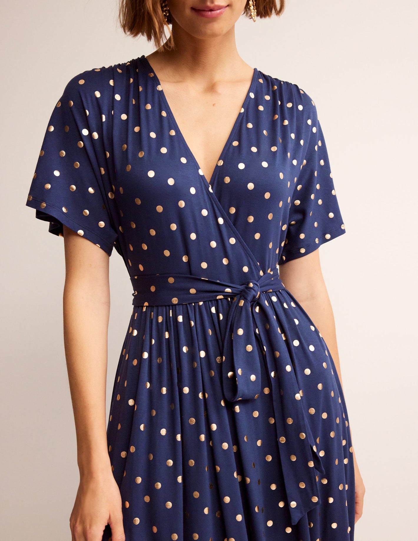 Kimono Wrap Jersey Midi Dress-Navy, Scattered Foil Spot