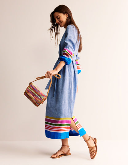 Linen Maxi Notch Neck Dress-Blue and Multistripe