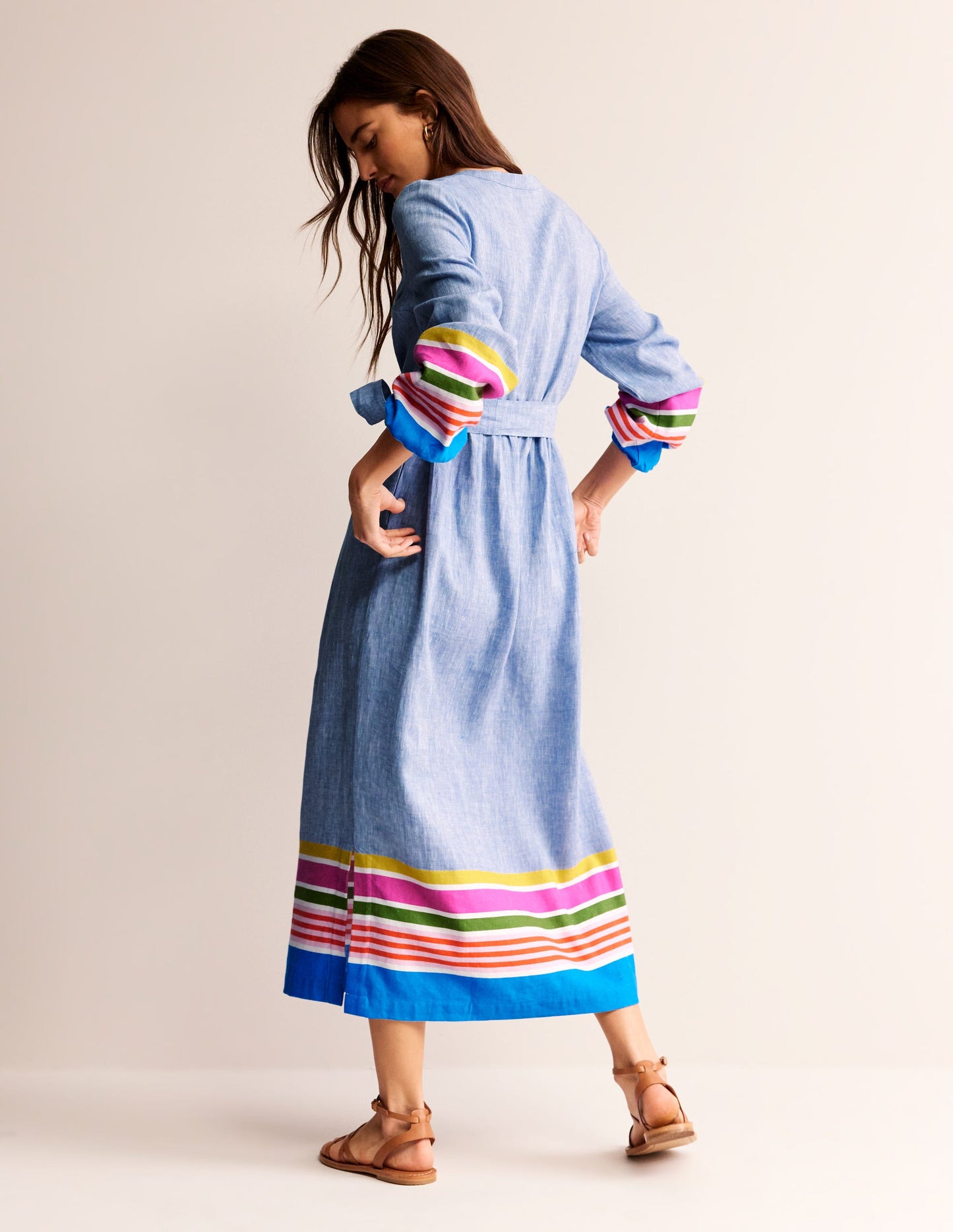 Linen Maxi Notch Neck Dress-Blue and Multistripe