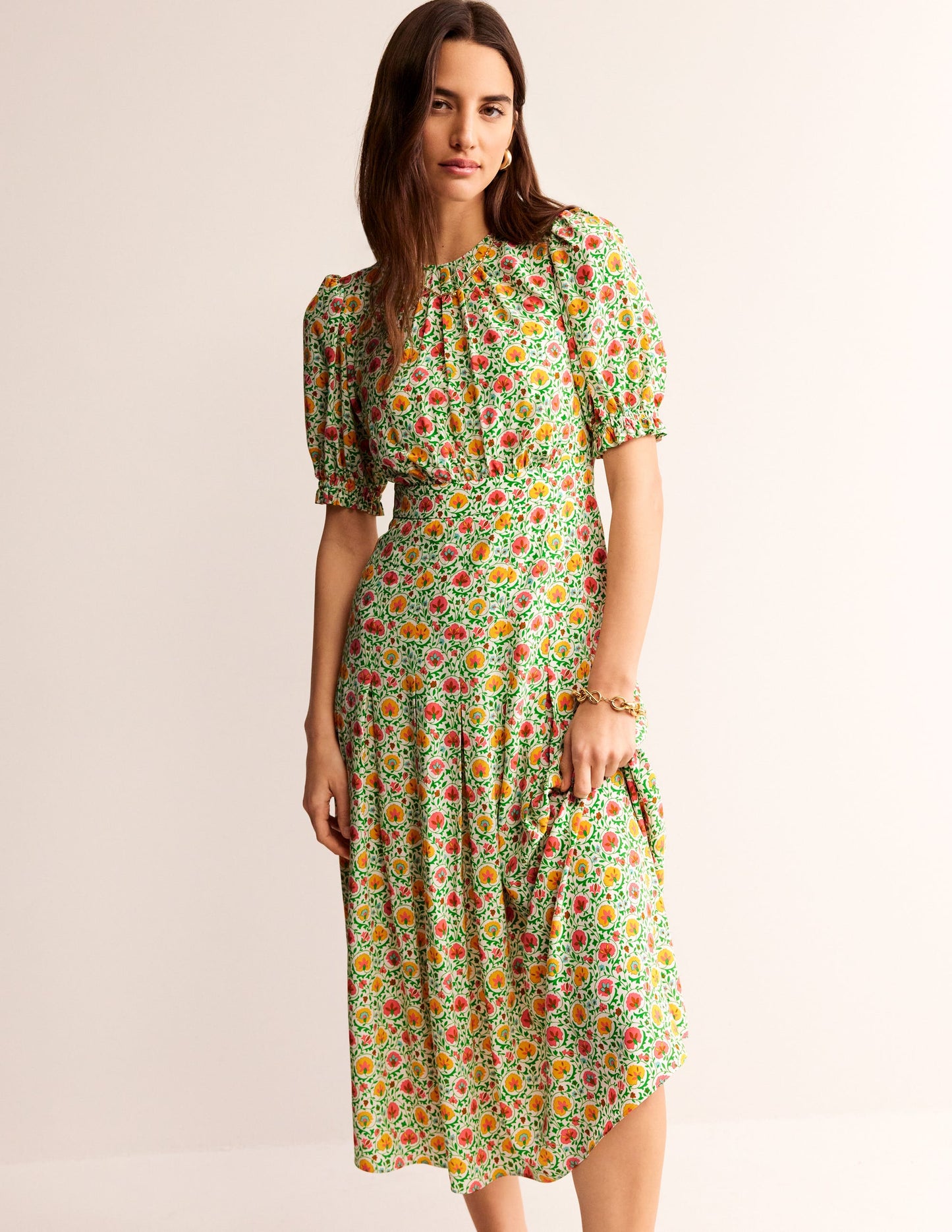 Liv Pleat Detail Midi Dress-Rolling Hills, Bloom