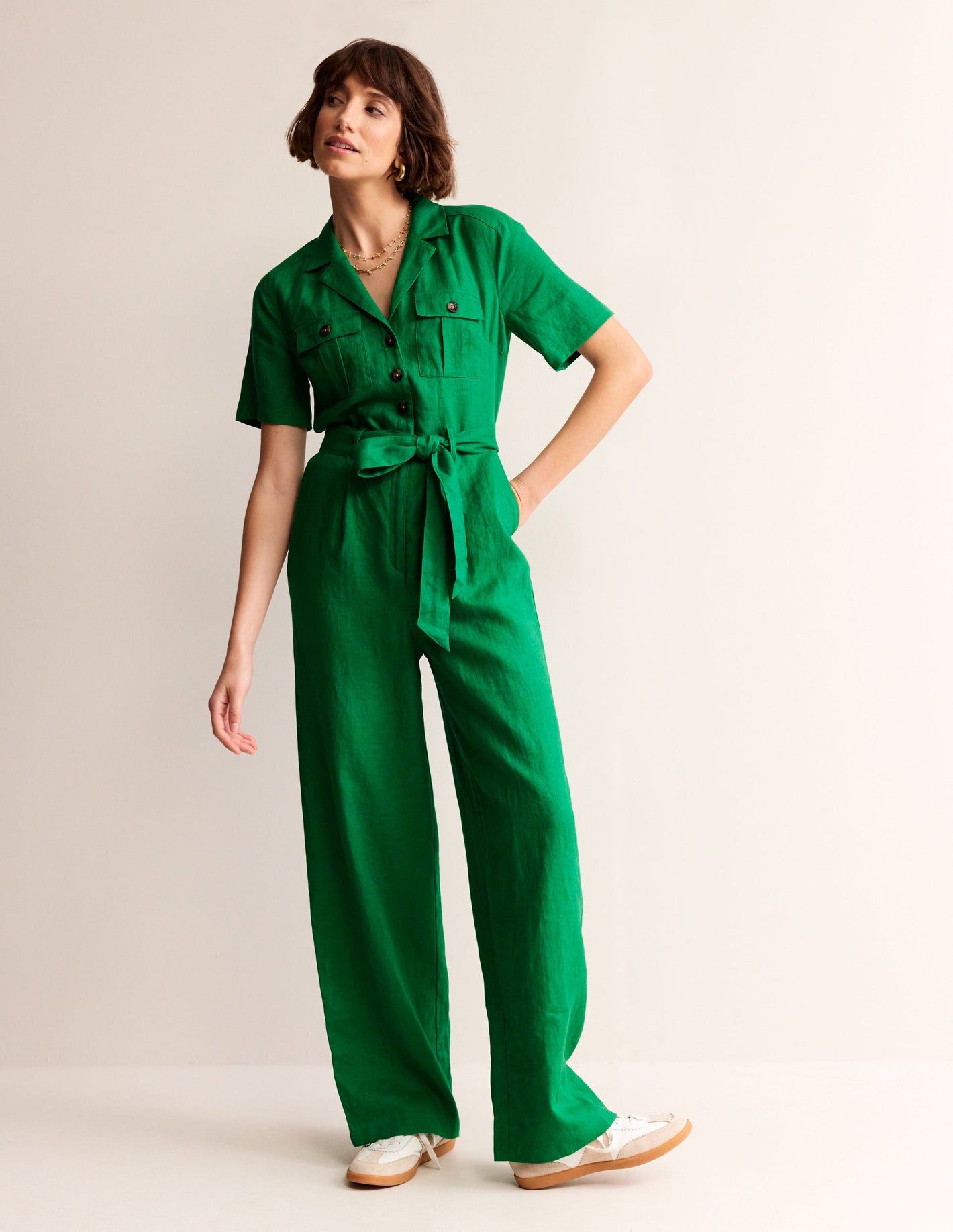 Belted Linen Jumpsuit-Green Tambourine