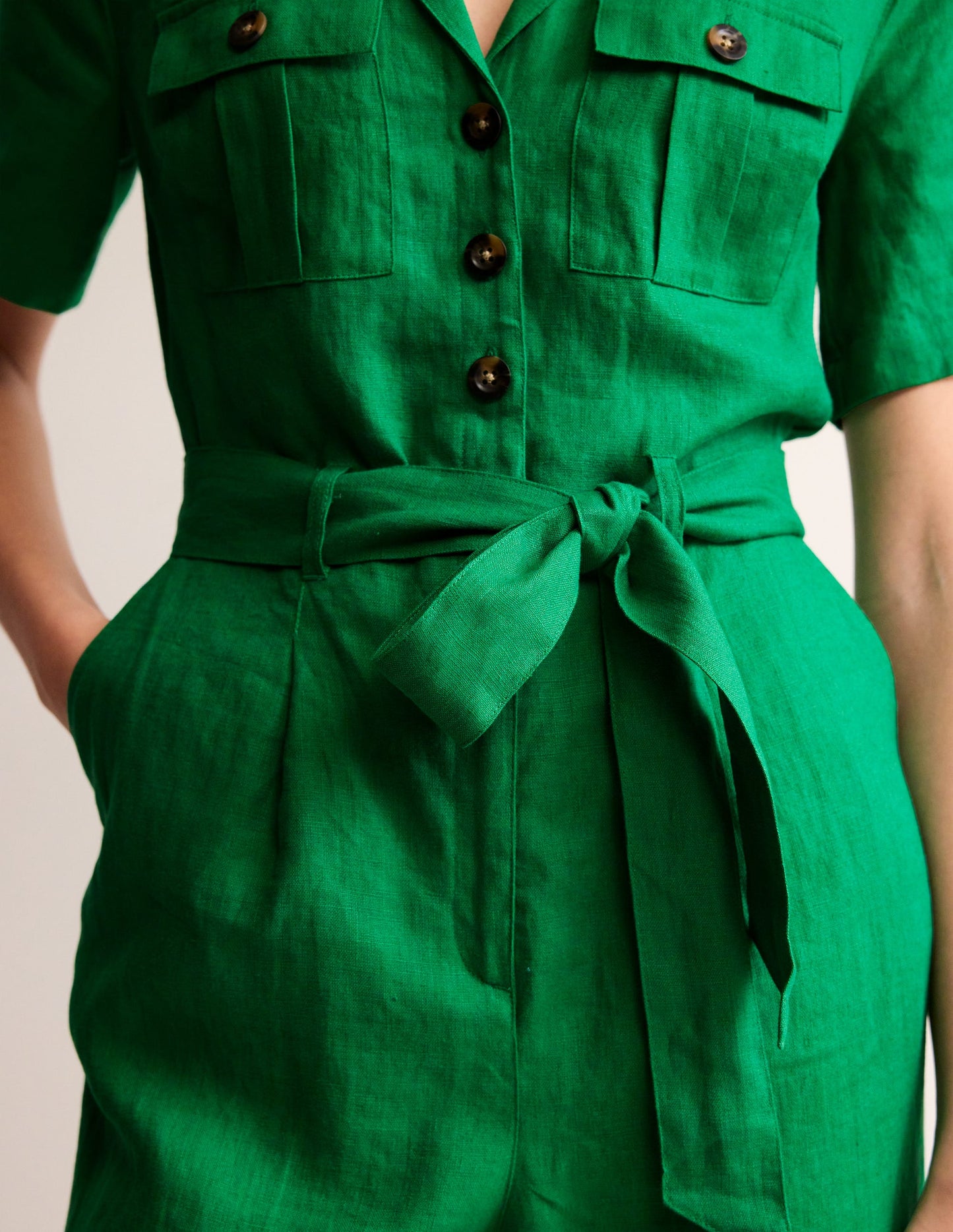 Belted Linen Jumpsuit-Green Tambourine