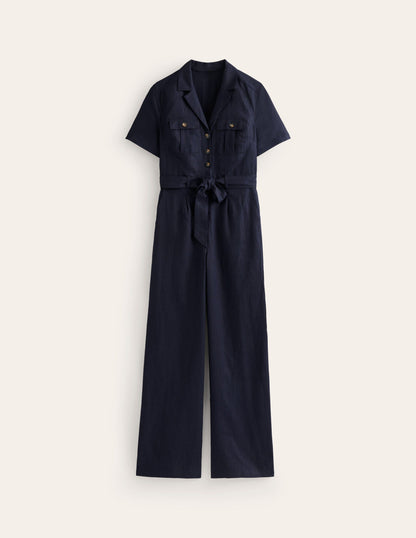 Belted Linen Jumpsuit-Navy