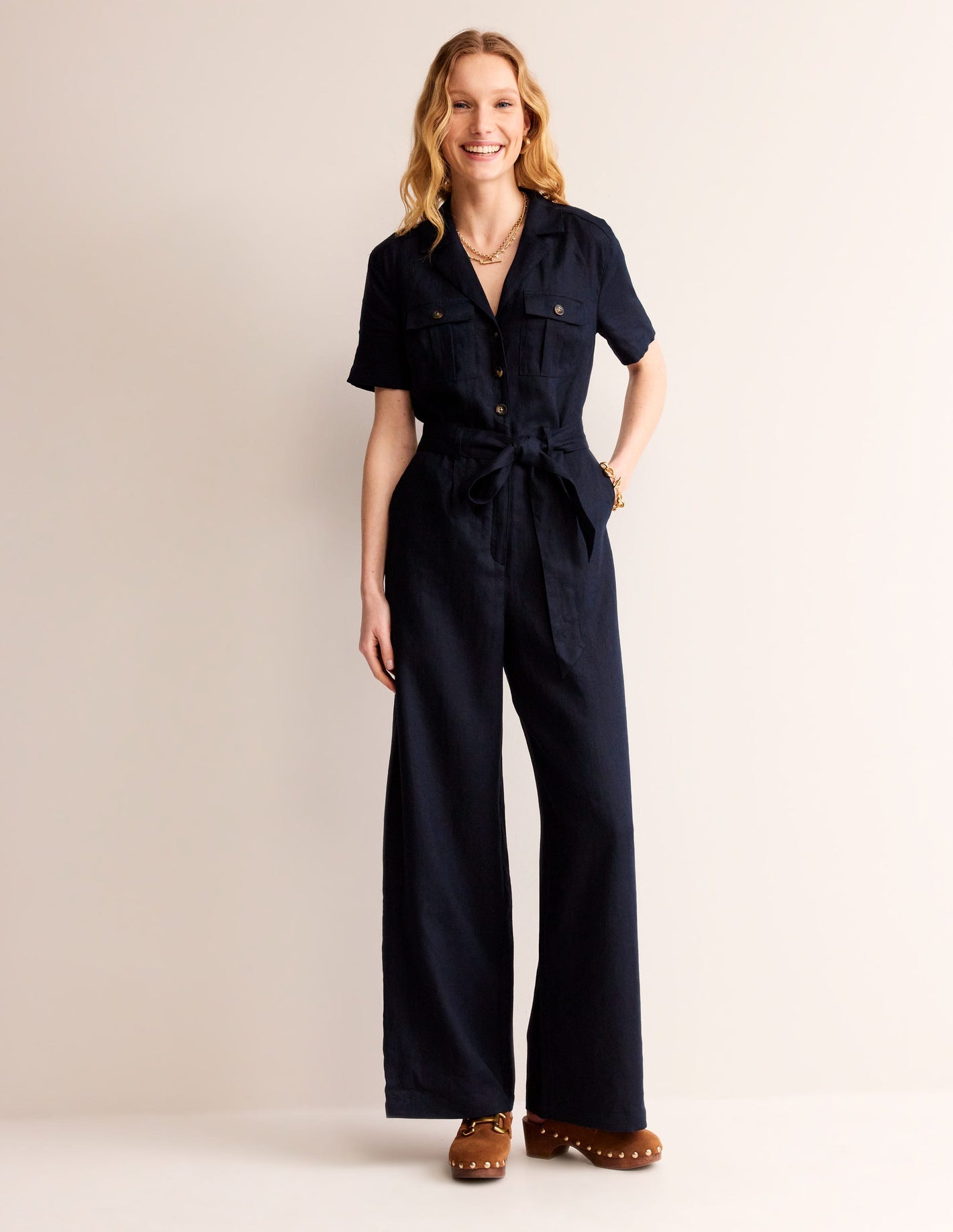 Belted Linen Jumpsuit-Navy