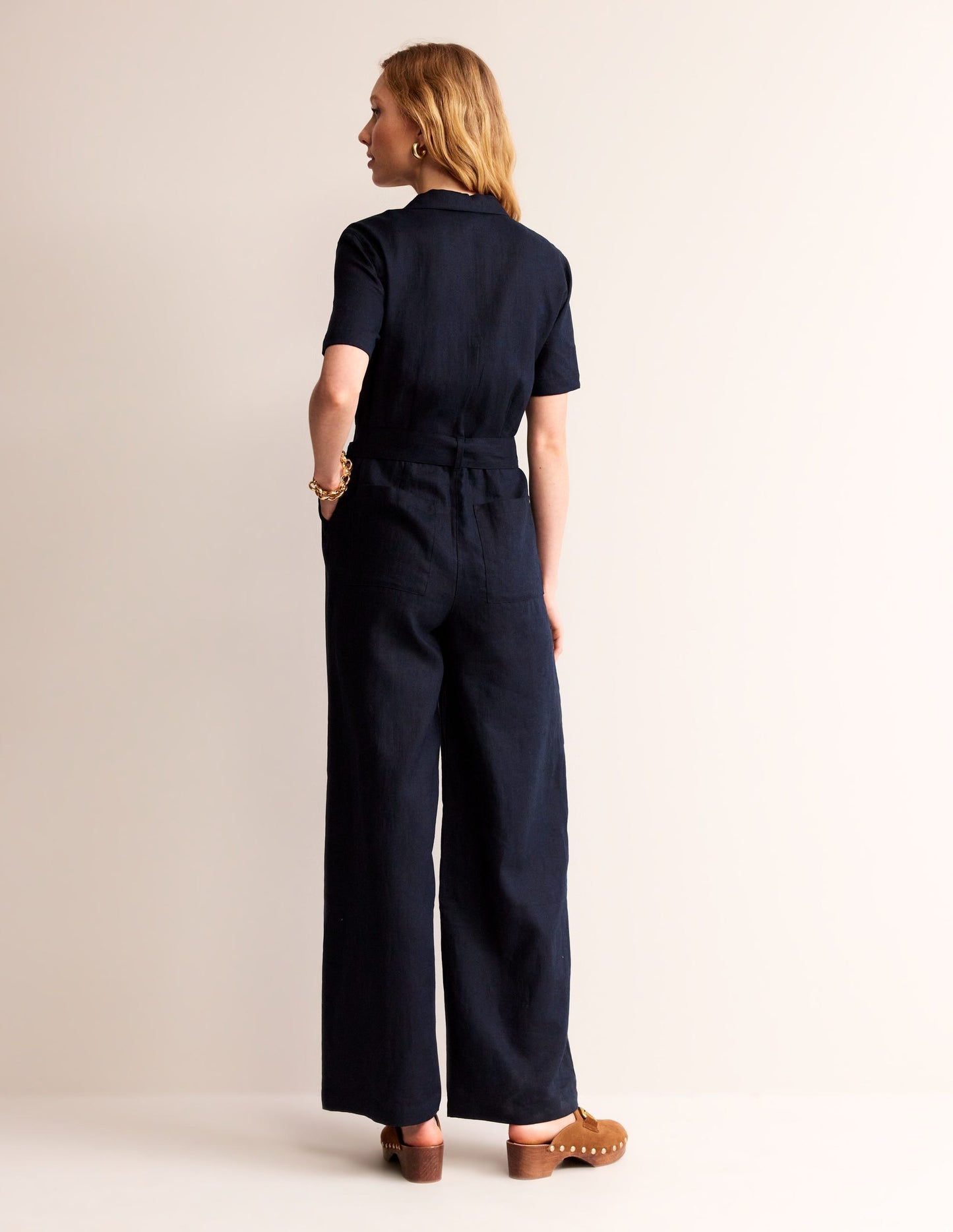 Belted Linen Jumpsuit-Navy