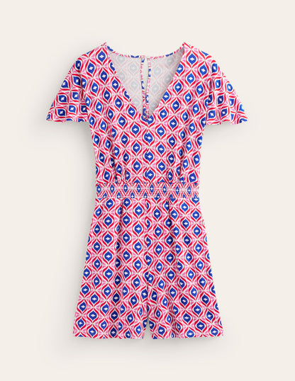 Smocked Jersey Playsuit-Rubicondo, Diamond Wave