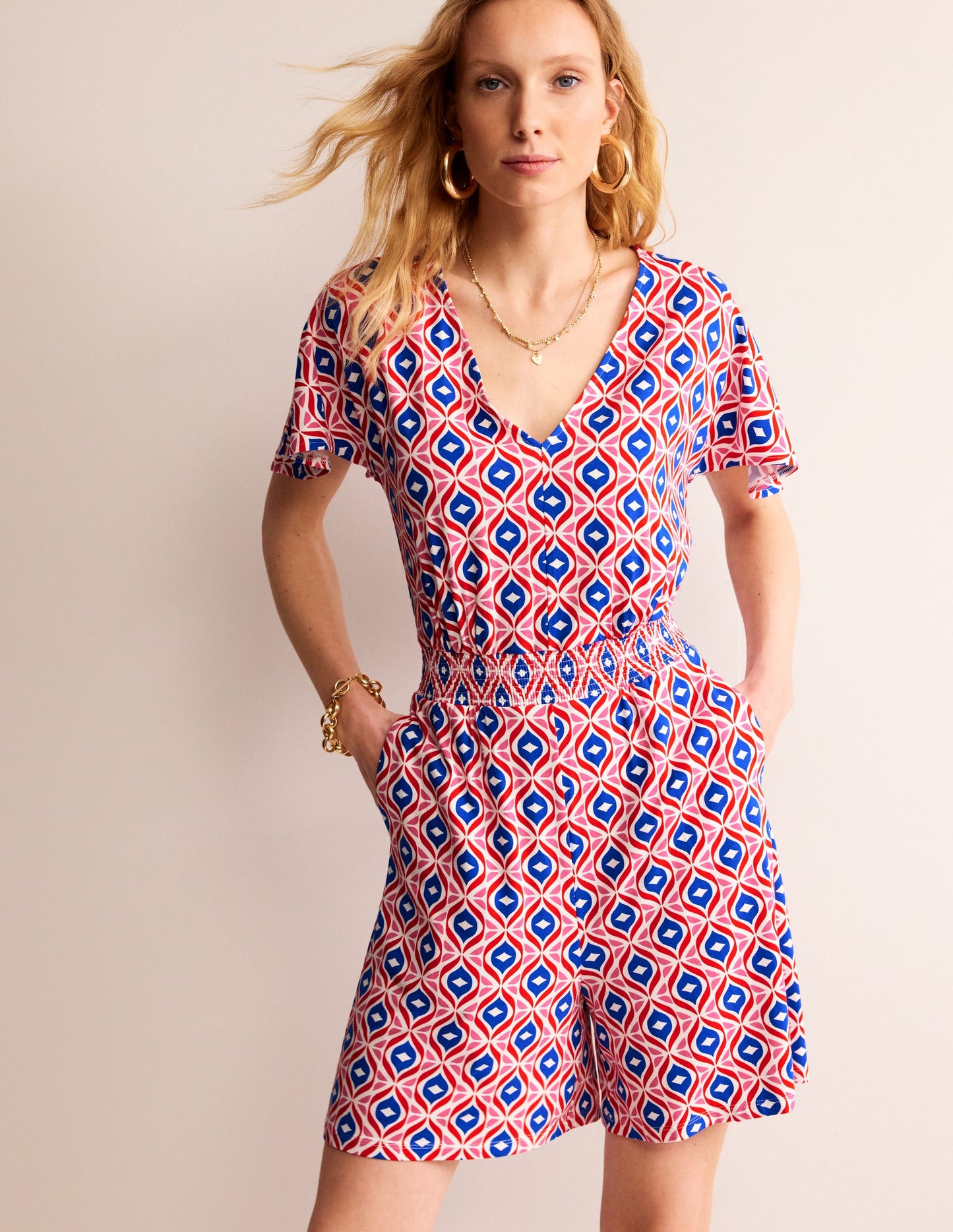 Smocked Jersey Playsuit-Rubicondo, Diamond Wave