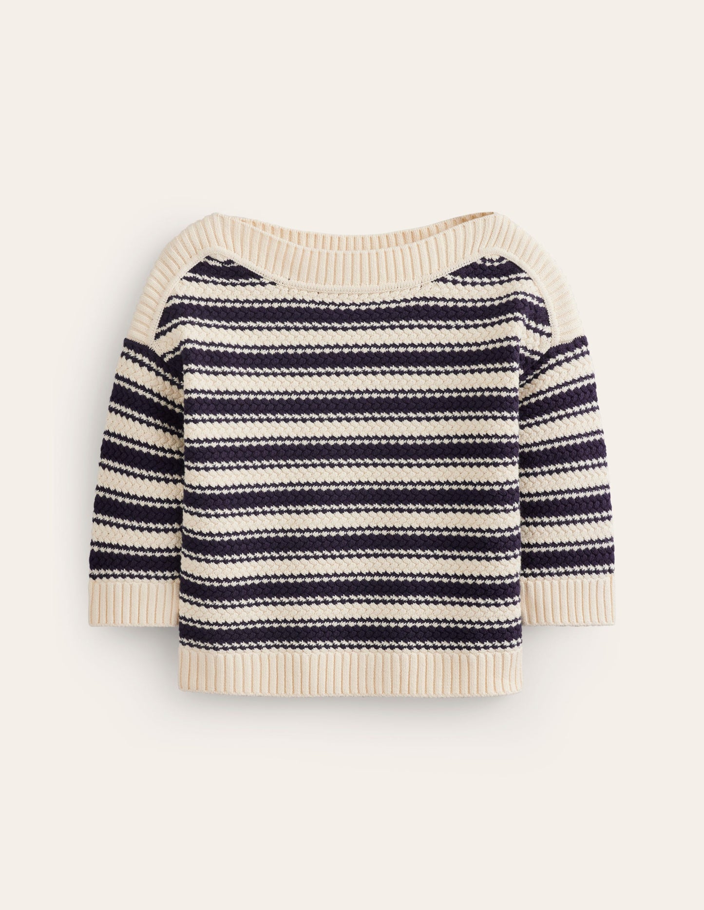 Textured Cotton Stripe Sweater-Navy, Ivory Textured Stripe