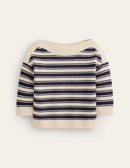 Textured Cotton Stripe Sweater-Navy, Ivory Textured Stripe