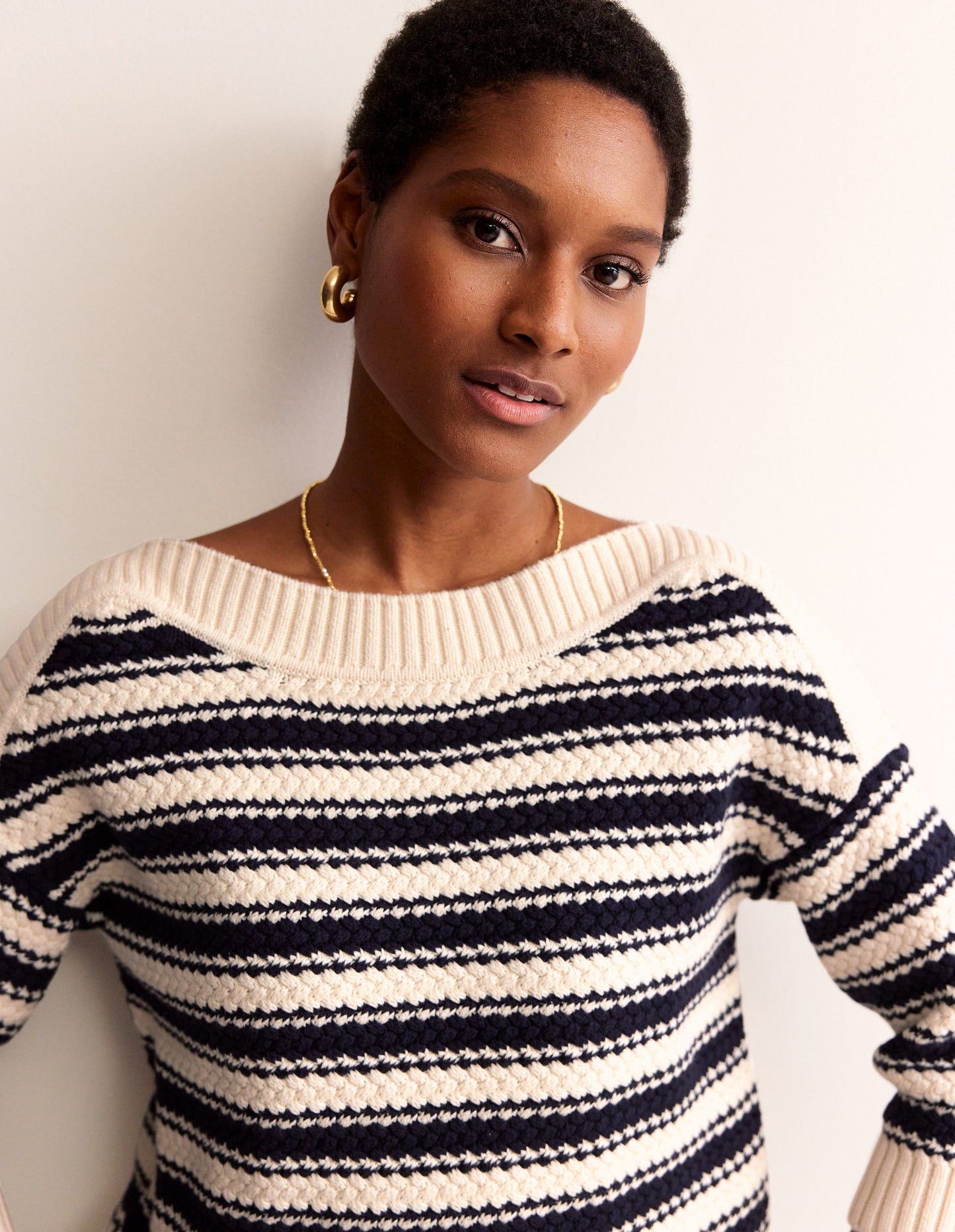 Textured Cotton Stripe Sweater-Navy, Ivory Textured Stripe