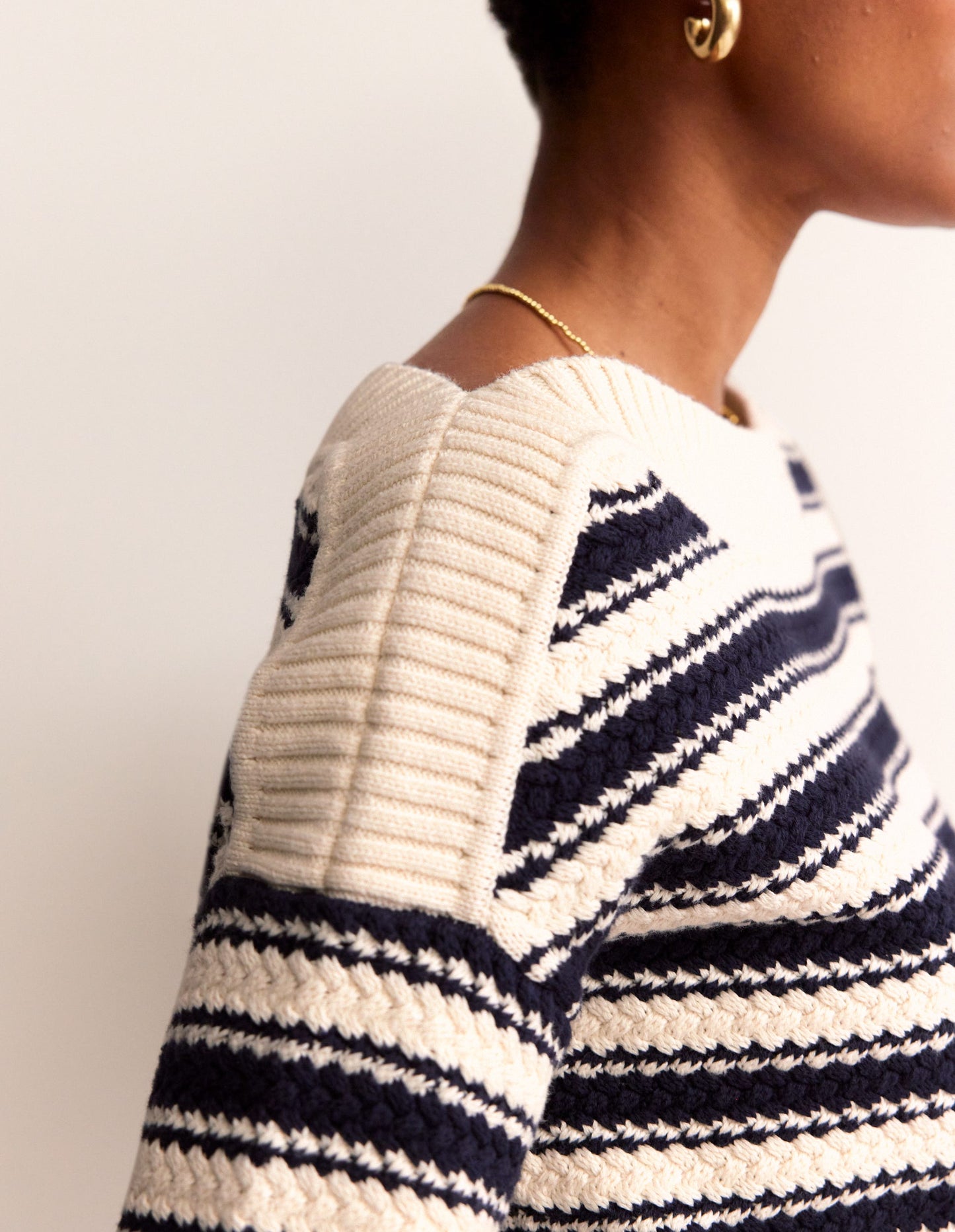 Textured Cotton Stripe Sweater-Navy, Ivory Textured Stripe